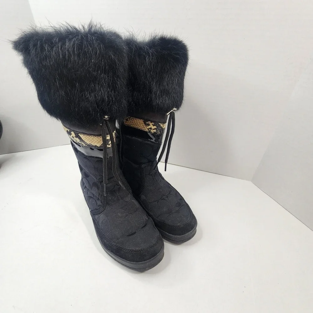 Coach Lorna Black Women's 7.5 Signature Fur Trim Snow Boots Women's USA Full Zip